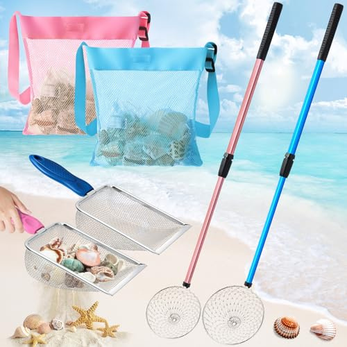 Liliful 6 Pcs Shelling Tools for Beach Include 2 Beach Sand Sifter with Adjustable Handle 2 Beach Mesh Shovel Sand Scoop 2 Mesh Shell Collecting Bag for Picking up Shell Shark Teeth Toy (Pink, Blue)