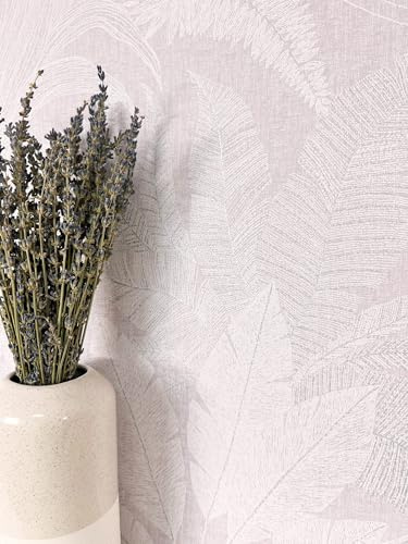 Newroom Vliestapete Lila Dschungel Palmenblätter Tapete Wohnzimmer | matte Leinenoptik, zartes Flieder Grauviolett mit Blattmotiven, Boho Mustertapete, botanische Wandtapete, Schlafzimmer Flur