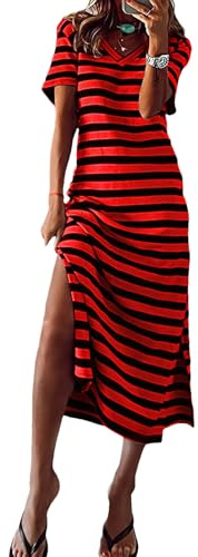 Jamron Mujer Manga Corta Cuello en V Vestido Largo con Abertura Lateral Casual Vestido Camiseta de Rayas