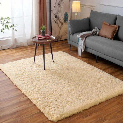 Ceneco Large Rug,Beige Rugs Living Room,Fluffy Area Rugs,Washable Non-Slip Shaggy Bedside Carpet, High Pile Thick Bedroom Carpet for Lounge,Kids Room,Office(Beige, 140x200 cm)