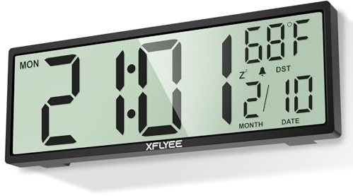 Xflyee 14.5'' Large Digital Wall Clock Battery Operated with Jumbo Numbers, Auto DST, Day, Date, Alarm, Temperature for Living Room, Bedroom, Desk Decor, Gift, LCD Screen Display Easy to Read and Set