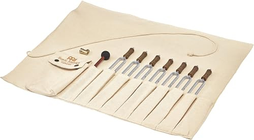 Sonic Energy Chakra Stimmgabel Set, 7-teilig + Rollup Bag (TF-SET-CHA-7-R) | Inkl. 7 Planeten Stimmgabeln, Hülle, Stimmgabel-Fuß, Schlägel, rollbare Baumwolltasche, vernickelter Stahl, Korkgriff