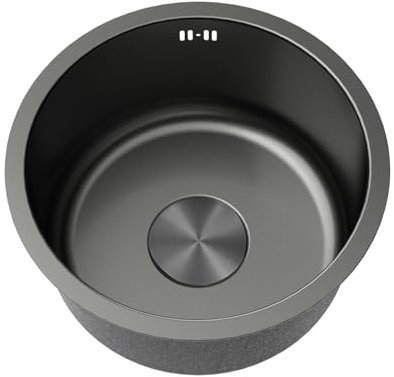 Lavandino Cucina Piccolo,Lavello Cucina 1 Vasca Nero,Lavabo Cucina In 304 Acciaio Inox,Lavabo Tondo con Set Di Drenaggio,Installazione Appoggio o Sottopiano (Ø 40cm)