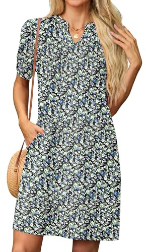 GRECERELLE Womens Dresses Summer Casual Short Sleeve V Neck Shift Dress for Women Ladies T Shirt Dress with Pockets