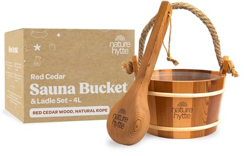 Nature Hytte Red Cedar Sauna Bucket and Ladle Set 4L (1 Gallon) - Natural Rope Handle - Premium Red Cedar Wood - Natural Aroma - Elegant Gift-Ready Packaging