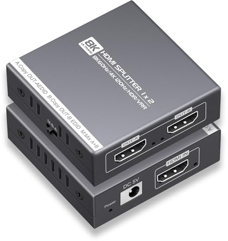Splitter HDMI 1 in 2 Out 4K 120Hz 8K 60Hz, HDMI 2.1 Splitter supporta HDCP 2.3, EDID, VRR, HDR10, Dolby, per PS5/4, Xbox, Fire Stick, lettore Blu-ray, Hue Sync Box, ecc