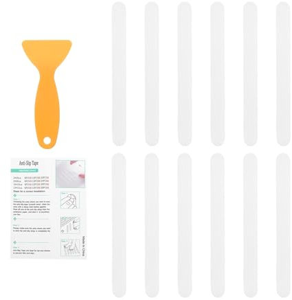 sourcing map 12Pcs Non-Slip Bathtub Stickers, 20x2 cm Strip Shape Shower Floor Non Slip Stickers with Scraper for Bathroom Shower Stairs Ladders, White
