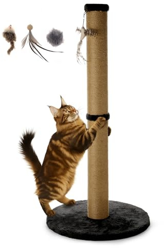 34inches Tall Cat Scratching Post with Plush Base Cat Scratcher for Indoor Cat with Natural Sisal Rope, Black Round Platform,Have 4 Replacement Pendant