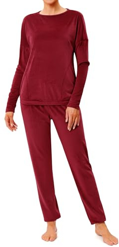 Wayleb Damen Homewear Set Langarm Velours Schlafanzug Rundhals Zweiteiler Kuscheliger Hausanzug Loungewear Pyjama für Wintertage, Weinrot -A, L