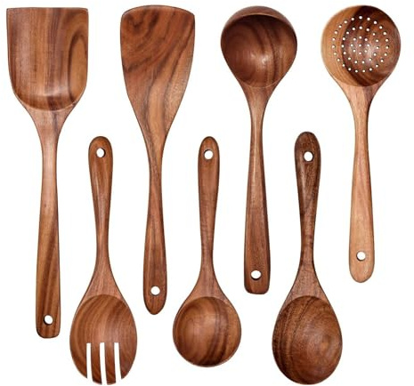 Wooden Kitchen Utensils Set, 7Pcs Cooking Utensils Set, Including Spoon, Spatulas, Soup Ladle, for Cooking