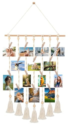 DAOOZHU Hängendes Makramee Fotowand | Fotogirlande mit 30 Holzclips und 2 Unsichtbaren Nägeln für eine Bilderkollage im Boho Stil