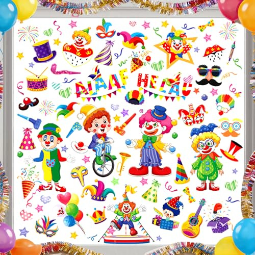 KERYBW 9 fogli di immagini per finestre di carnevale, autoadesive con pagliaccio, per carnevale, decorazione da circo, (B)