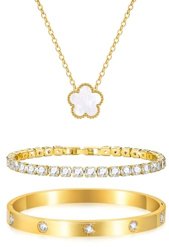 3 Stück Kleeblatt Armband Damen Gold, 18K Stapelbare Fünfblättriger Kleeblattschmuck Set, Halskette Tennis Armbänder, Edelstahl Armreif Zirkonia, Glückssymbolgeschenke Den Alltag Geburtstage Jahrestag