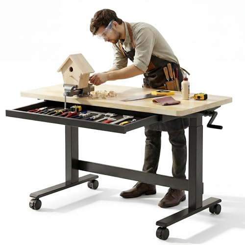 FLEXISPOT Adjustable Height Workbench 47.2 x 23.6 Garage Work Table with Hand Crank, Drawer & Lockable Casters - Heavy-Duty Steel & Rubber Wood Top for Workshop, DIY Craft Table