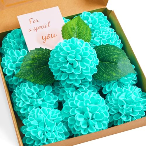 XIANNVXI 12 Stück Grüne Kunstblumen Dahlien Künstliche Blumen Grün Schaum Hortensie Fake Blumen Deko Chrysanthemen Vasen für Blumenarrangements, Hochzeiten, Brautstrauß 6 Blätter 25cm Stängel