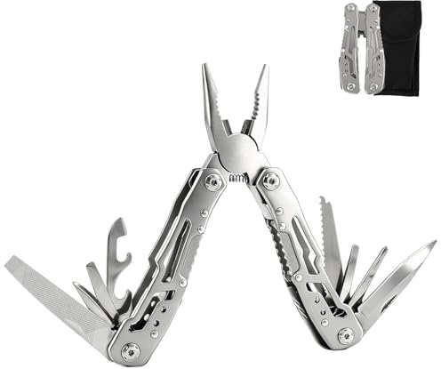 Alicates multiherramienta plegables de acero inoxidable 14 en 1 con cuchillo, Destornilladores, Sierra, Abrelatas – Herramienta Compacta y Resistente para Camping, Senderismo, Supervivencia ﻿