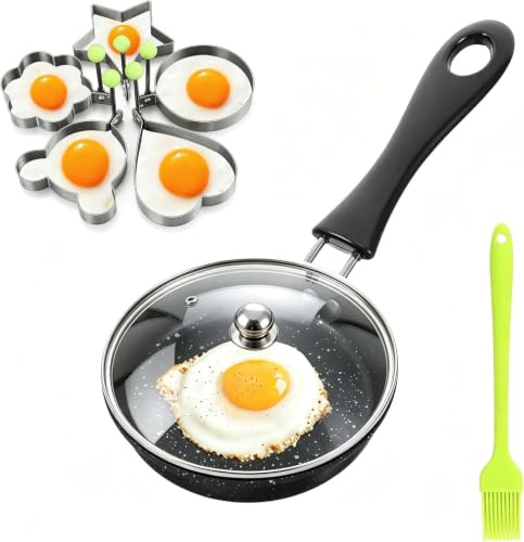 LIULINY Mini Sarten Antiadherente 12 cm, Sartén Pequeña 12cm para Inducción | Sarténs Pequeña con 1 Tapa Cepillos y 5 Moldes para Camping y Uso Cocinas Gas o Inducción para Huevos Tocino Lonchas