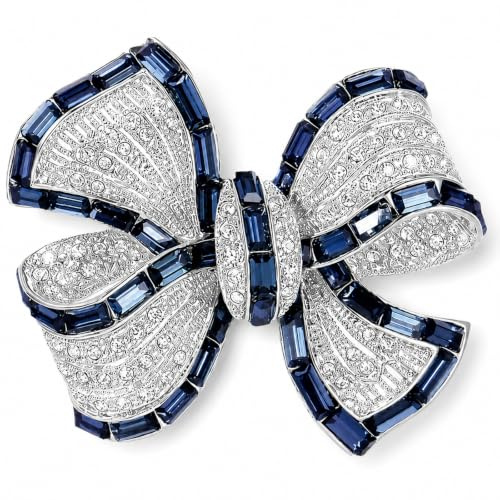 Lightweight Fabric Friendly Bow Brooch for Women UK, Vintage Royal Blue Crystal Ribbon Pin, Elegant Dress Coat Scarf Accessories, Diamante Jewellery Gift for Wedding Anniversary Lady