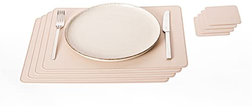 Nikalaz Platzsets und Untersetzer (4er Set) aus recyceltem Leder, Tischsets, 4 Stück Platzsets und 4 Undersetzer, Platzdeckchen und Untersetzer 10 x 10 cm (40 x 30 cm, Cremeweiß)