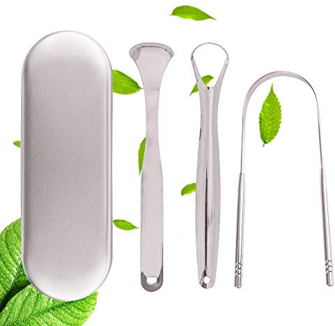 Zungenreiniger Edelstahl, 3 Stück Zungenschaber mit Tragetasche Medizinischer Qualität Metall Zungenbürste Zungenreiniger für Frischer Atem, Mundpflege Hygiene, heilen Mundgeruch Bakterien - Silber