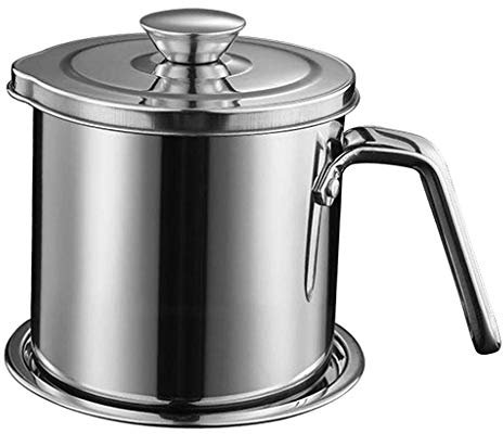 Tubayia Stainless Steel Oil Sieve Pot Grease Jug Can Container Kitchen Grease Oil Container (Silver, 1.6 L)