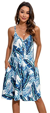 Enmain Womens Summer Dress Spaghetti Strap Dresses Casual Knee Length Swing Floral V Neck Sleeveless Dress with Pockets for Beach Hawaii S-2XL