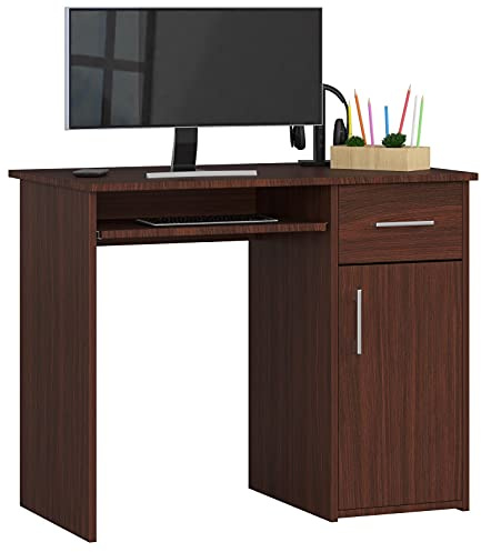 AKORD PC-Schreibtisch PIN mit Tastaturablage | Schreibtisch Klein mit Schubladen | Computertisch | Bürotisch 1 Schublade, 1 Ablagefach mit Tür, B90 x H74 x T50 cm, 29 kg | Wenge
