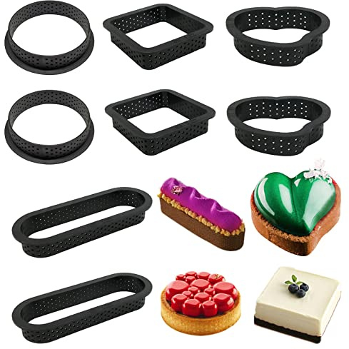 YUTOU Lot de 8 moules à gâteau perforés en mousse pour pâtisserie et outils de cuisson Anneau tartelette forme ronde ovale pour la fabrication de mousse Pie Quiche Cercle Beignets Biscuits Burger