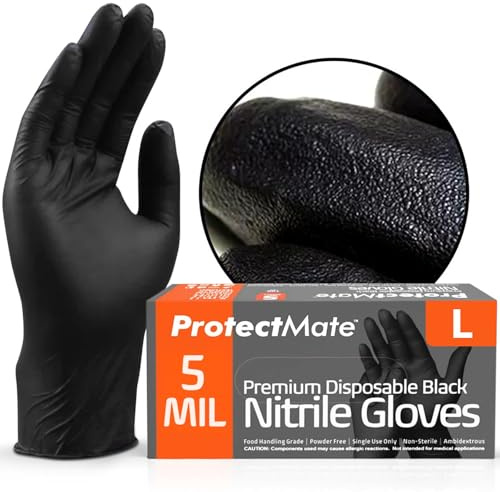 Protectmate 5 Mil Black Nitrile Gloves for Food Prep - Textured Food Prep Gloves - Food Handling Gloves Disposable Latex Free Gloves for Cooking, Catering, Food Service - Medium (Box of 100)