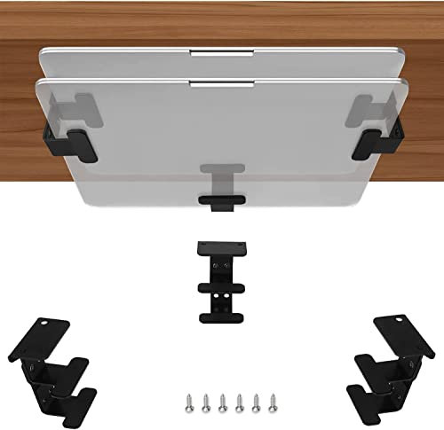 JEMACHE Under Desk Dual Decker Laptop Mount, Hard Aluminum Under Table Desk 2 Tier Holder for Laptop, Mac Mini, MacBook, Keyboard with Anti-Scratch Silicone (Black)