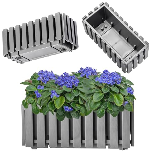 KADAX Blumenkasten, Balkontopf in 2 Größen, Blumentopf in Latten-Optik, Pflanzkübel im Landhausstil, Pflanzkasten mit Gummikorken, Leichter Übertopf (40cm / grau)