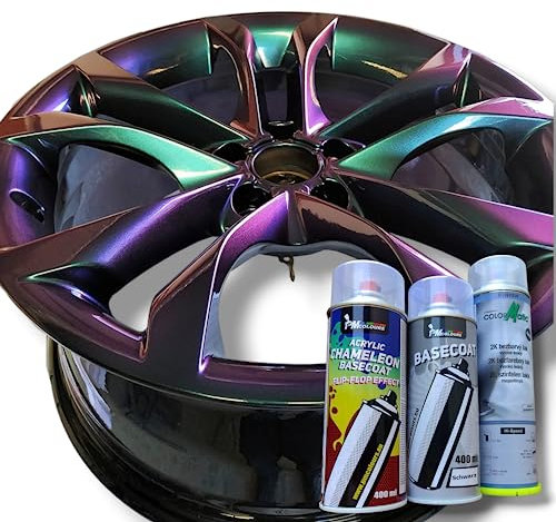 PMcolours Flip Flop Lack mit Multi Color GRÜN (grün-blau-violett) Chamäleon-Effekt Sprühset, (1x Flip Flop Sprühfarbe + 1x Basisspray Schwarz + 1x 2K-Klarlack), 3x Spray, 1200ml