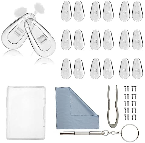 Eyeglasses Nose Pads, 10 Pairs Upgraded Soft Silicone Air Chamber Eyeglass Nose Pads Replacement Kit, Screw-in Nose Pads with 3 in 1 Mini Screwdriver, Small Screws for Nose Pads Glasses Cleaning Cloth