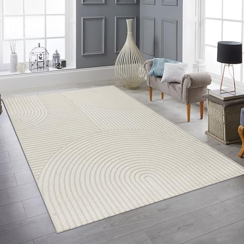 Teppich-Traum Teppich Hoch-Tief gestricheltes Bogenmuster Creme 240x340 cm | Weiche Textur, pflegeleicht, strapazierfähig, fußbodenheizungsgeeignet, Wohnzimmer, Schlafzimmer, Flur