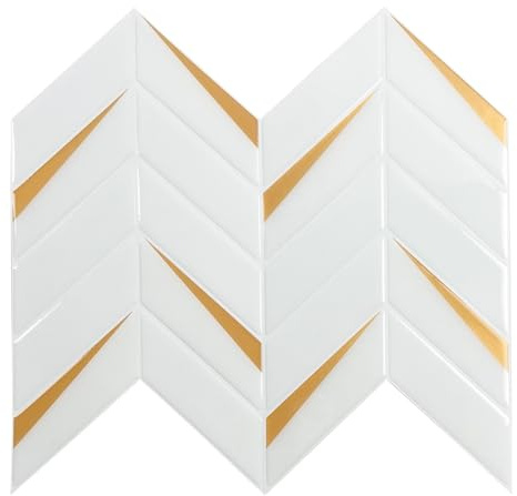 Miscasa Herringbone Peel and Stick Backsplash Gel Tile for Kitchen Bathroom, Chevron White and Gold Self Adhesive Wall Tile Stick on Fireplace, Living Room, Accent Wall, Rv (10 Sheets)