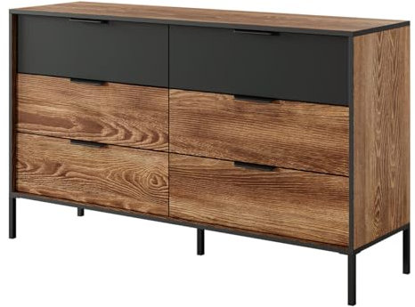 Mirjan24 Kommode Mozawi 138 mit 6 Schubladen, Metallgriffe, B:138 x H:82 x T:40 cm, Highboard, Anrichte, Sideboard, Mehrzweckschrank, Wohnzimmerschrank (Kastanie + Anthrazit)