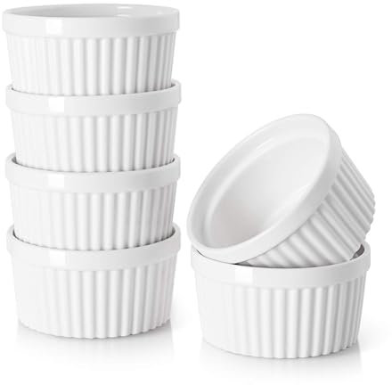 White Porcelain Ramekins, 175ML Baking Cups for Souffle, Porcelain Souffle Dish for Small Cakes, Creme Brulee,Pudding and Ice Cream Sauce and Dips- Durable Pack of 6