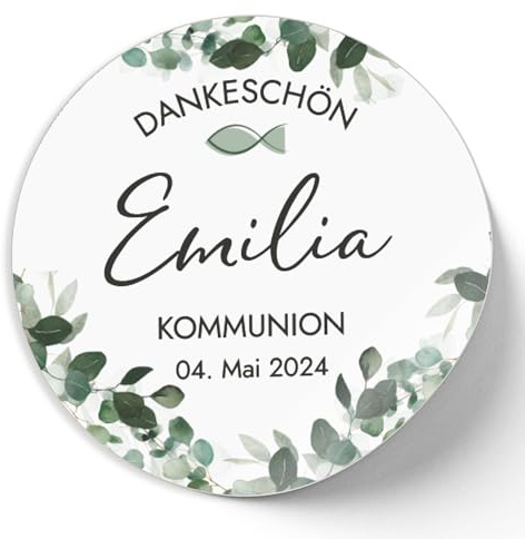 Mimi und Anton KOMMUNION DANKESCHÖN Aufkleber personalisiert mit deinem Wunschnamen | 12x Sticker rund 5 cm | Vielen Dank KOMMUNION Deko Sticker | Eukalyptus Greenery