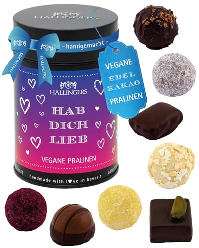 Hallingers Genuss Manufaktur Vegane Pralinen Valentinstagsgeschenk - mit & ohne Alkohol, handmade aus Confiserie-Edelkakao in wertiger Geschenkdose Hab Dich lieb, Valentintstag für Frauen Männer