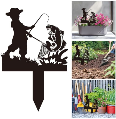 INFUNLY Fishing Garden Yard Stake Black Garden Sign Plaque Plastic Flowers Garden Sign with Stake 7x10.5 Yard Sign with Stakes for Patio Outdoor Garden Decorations Lawn Ornaments Gift