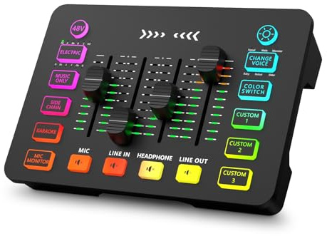 Gaming Audio Mixer with RGB, Streaming/PC Mixer with XLR Microphone Interface, 6 Voice Changing Modes Individual Control, Mute Button,48V Phantom Power