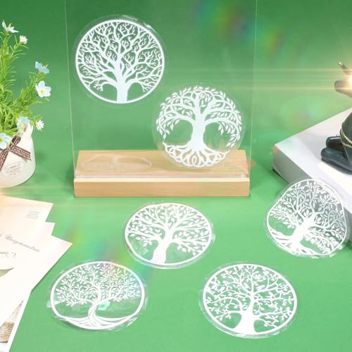 GORGECRAFT 6PCS Rainbow Window Clings Tree of Life Static Glass Stickers Plastic Reusable Anti-Collision Non Adhesive Window Decal Suncatcher Decorations Prismatic for Bird Strike Deterrent