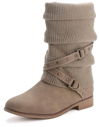 Pogolino Damen Stiefeletten Plateau Strick Boots Biker Herbst Winter Stiefel ST2912, Khaki 37