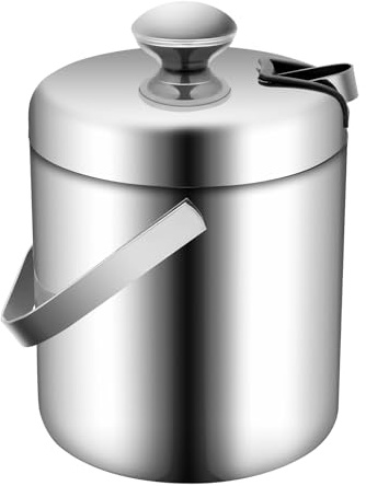 ACROSSPART 1.3 Liter Doppelwand Edelstahl Eiseimer Eiswürfelbehälter Eiskübel mit Deckel und Eiszange Tragbares Design Edelstahl Eiskübel Eiskübel mit Deckel