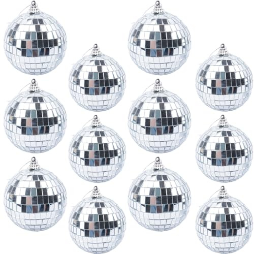 HO2NLE 12 Stück Silberne Spiegelkugel Discokugeln Set Klein 5cm/6cm Mini Spiegelkugel zum Aufhängen Spiegel Discokugel Deko für Party, Weihnachten, Kuchenparty Weihnachtsbaum Ornament