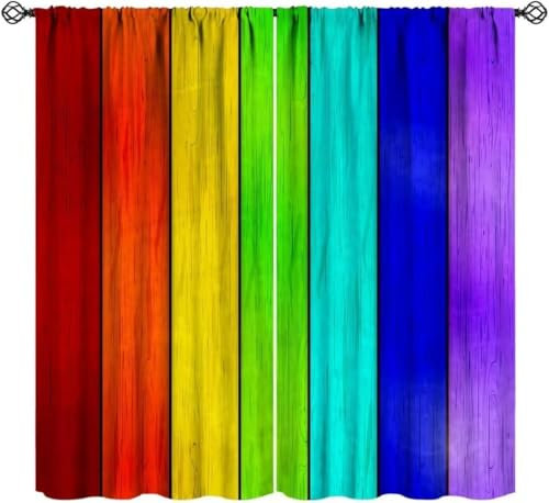 Schattierung Vorhänge 2Er Set 3D Bunt Gestreifte Holzbretter Druck Isolierung Schalldichte Kinder Gardinen Blickdicht Mit Ösen Vorhang Fenster Für Wohnzimmer Schlafzimmer Balkon 140X160 cm -10405166