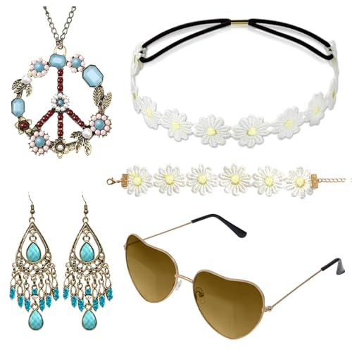 Alintor Hippie Accessoires mit Brille, Flower Power Peace Kette für Hippie Kostüm Damen, 60er 70er Jahre Bekleidung Damen