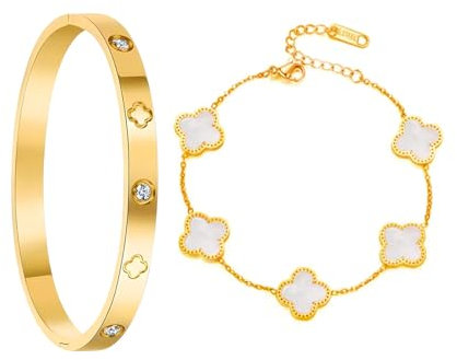 GWAWG Kleeblatt Armband Damen Gold, 18K Vergoldeter Armreif Gold, Schmuckset mit 2 Armbändern, Glücksarmband für Hochzeit, Geburtstag, Alltag, Geschenk für Frauen (Weiß)
