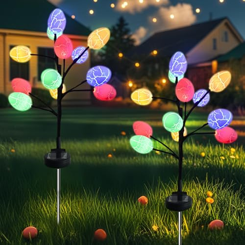 2 Stück Osterdeko Beleuchtet Solar Gartenleuchten für Außen,Ostern Deko Garten Osterbeleuchtung,Ostereier Lichterkette Solarlampen für Außen,Osterdekoration Draußen Wetterfest Solarleuchten