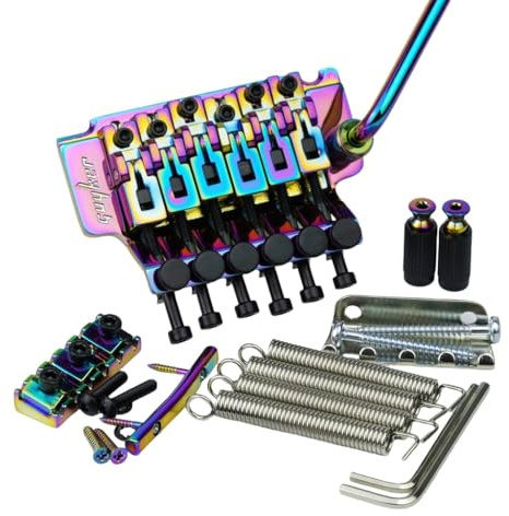 Guyker Double Rocking Tremolo Bridge with Lock Nut, 6 String Electric Guitar Spring Stabilizer Device Vibrato System Tailpiece Saddle Complete Install Kit(GKS4000 Rainbow, 42mm String Lock Length)